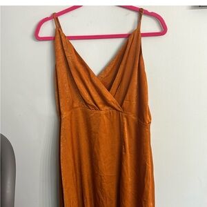 Satin V-Neck Mini Dress in Burnt Orange